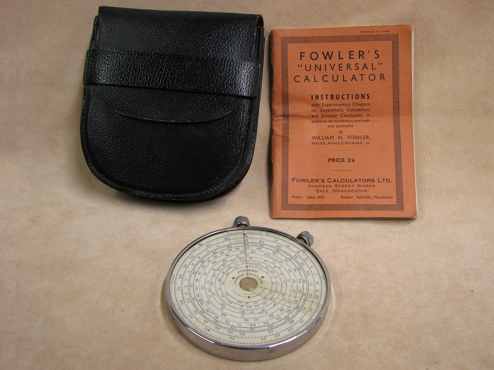 1930s Fowler's Universal circular calculator with chrome back plate